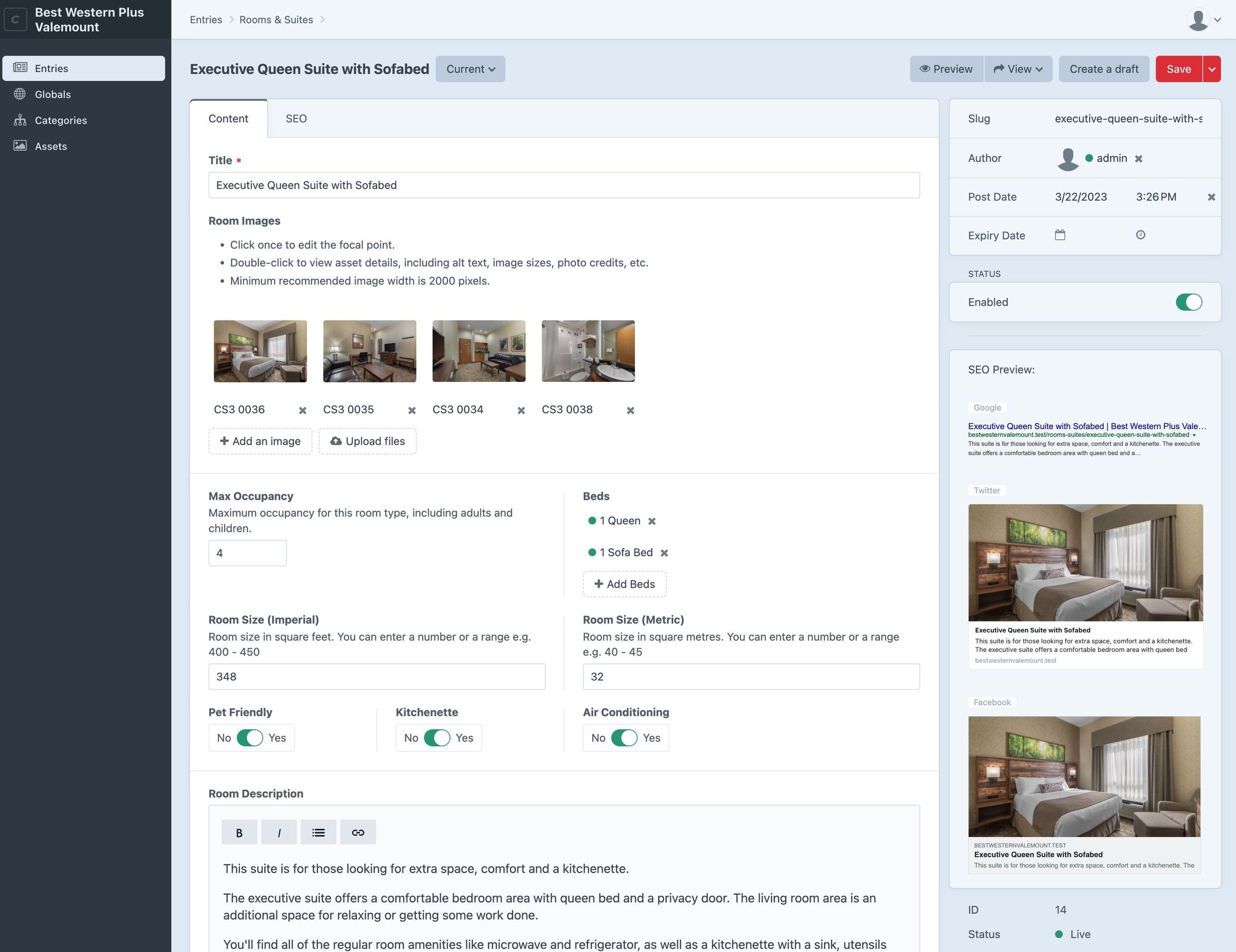 Capture d'écran de l'administration CMS d'un site web