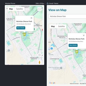 Mobile screens displaying the integrated Google Maps feature on the Healthy Lethbridge website, showing location-based health and activity options.