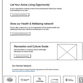 A wireframe of the Healthy Lethbridge homepage, highlighting the structure, main sections, and calls to action.