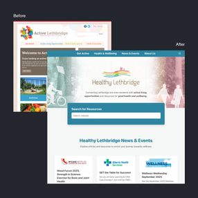 Side-by-side comparison of the old and new Healthy Lethbridge websites. The old site has a cluttered layout, while the new site is clean and organized with a prominent search bar and improved navigation.