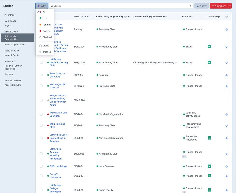 Partial screenshot of the Craft CMS control panel showing a list of entries with a status filter dropdown.