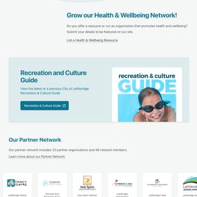 Partial screenshot of the new Healthy Lethbridge homepage, showing featured resources and partner logos.