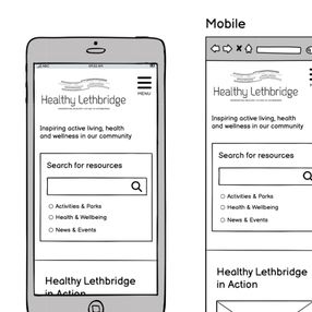Low-fidelity wireframes displaying the planned mobile navigation and content layout for the Healthy Lethbridge website.