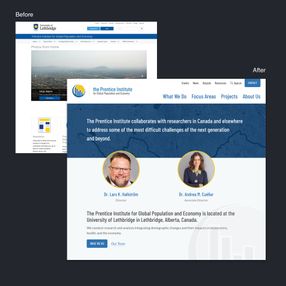 Side-by-side of old university-branded page and new Prentice Institute homepage with mission copy and team links. Side-by-side of old university-branded page and new Prentice Institute homepage with mission copy and team links.